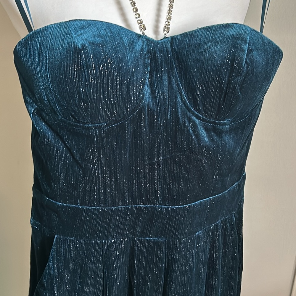 New Main Strip Rhinestone Halter Strapless Sweetheart Neck Teal Velvet Jumpsuit